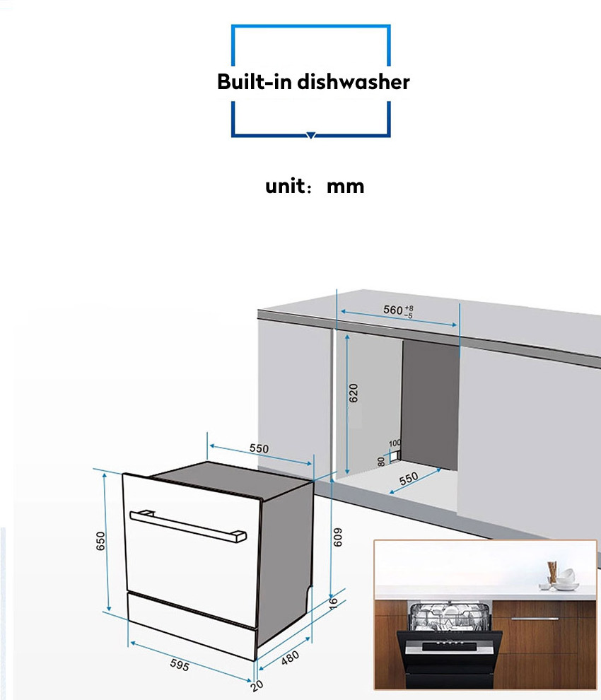 Black Glass Door Embedded Automaticdish Washer Home 8 Sets of Tableware Commercial Restaurant Household Kitchen Dishwasher 220