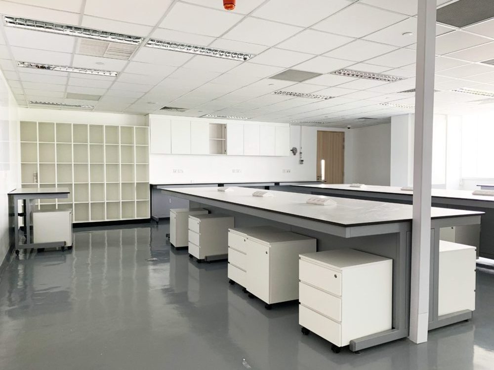 Free design durable metal frame bench hanging cabinet octagonal lab bench and fume hood lab furniture chemical lab