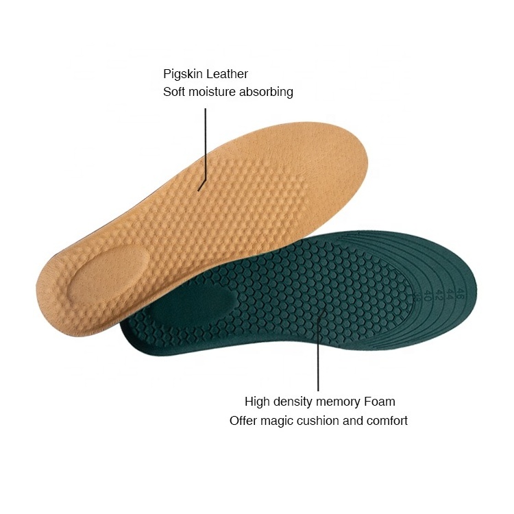 Pigskin  Leather Memory Foam Insoles,Memory Foam Insole with Leather Top and Charcoal Anti-Odor Insert