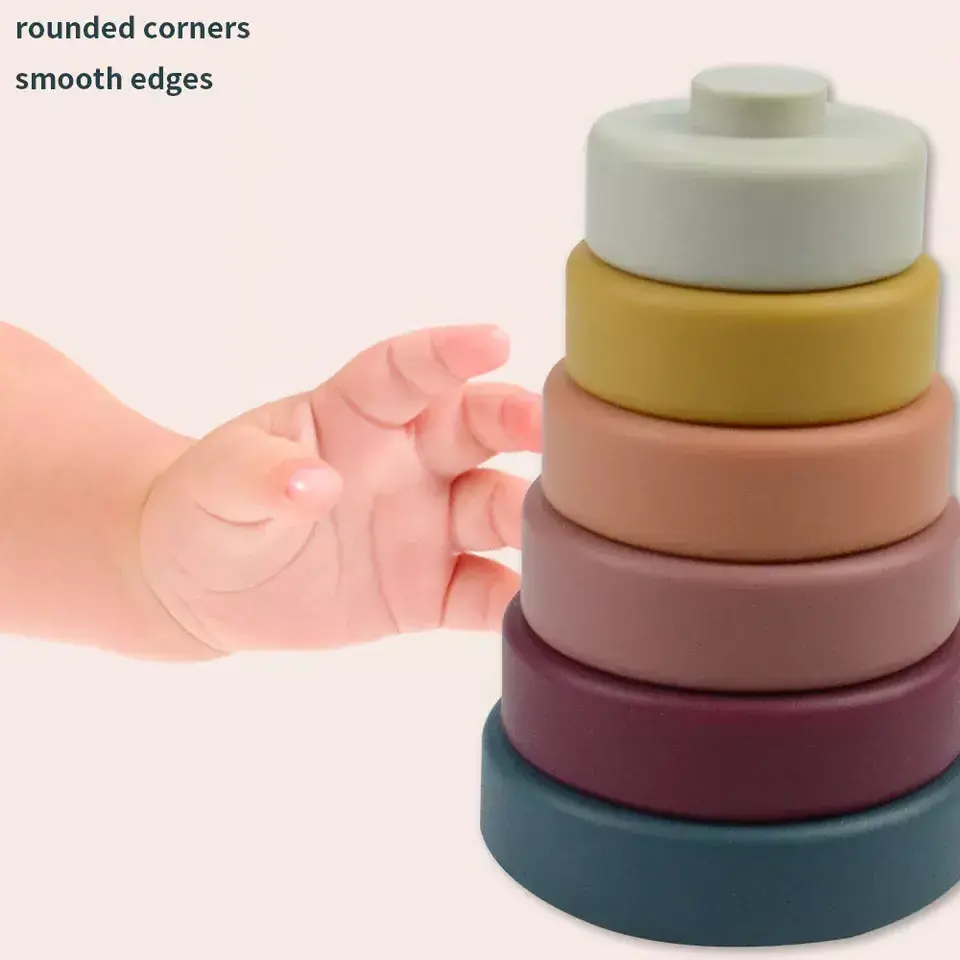 Hot Sell Silicone Toys Bpa Free Food Grade Rainbow Ring Round Shape Silicone Building Stacking Toy For Kids Children