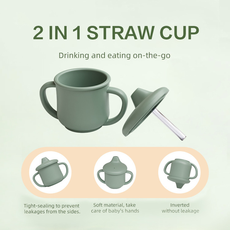 Food Grade Cute Silicone Kids Cup Spill Proof Training Drinking Water Toddler Baby Sippy Silicone Cup With Cover Lid And Straw