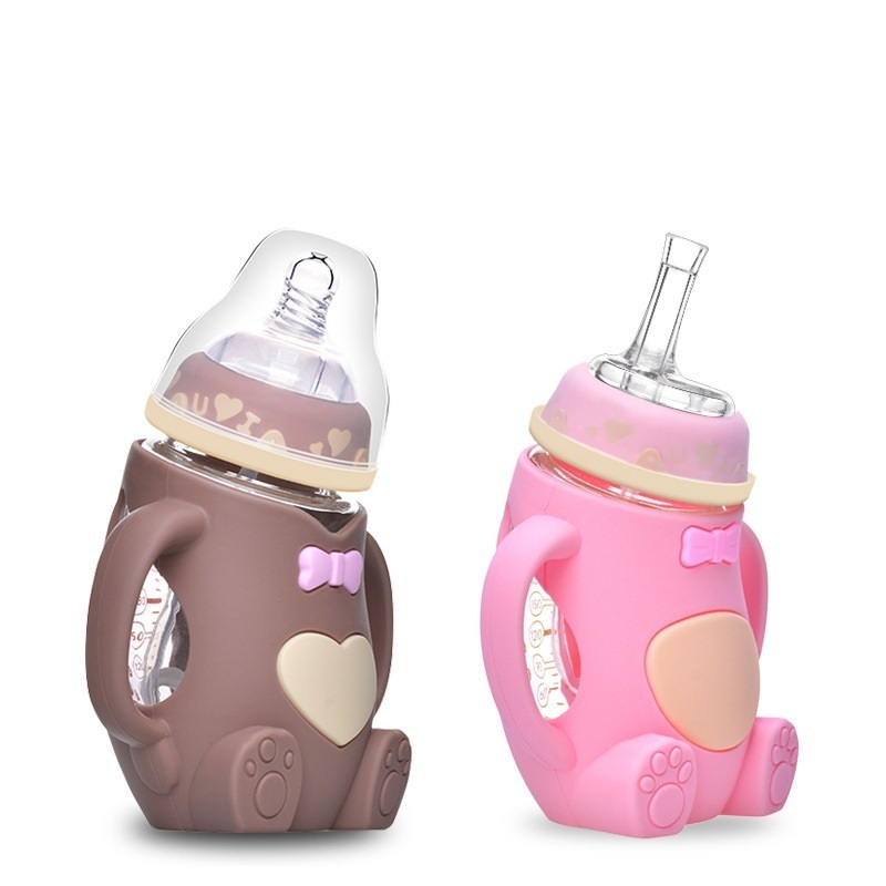 Cartoon 240Ml Straw Sippy Cup Babies Drink Mamadeira Teteros Biberon Para Bebes bb Silicone Glass Baby Milk Feeding Bottle