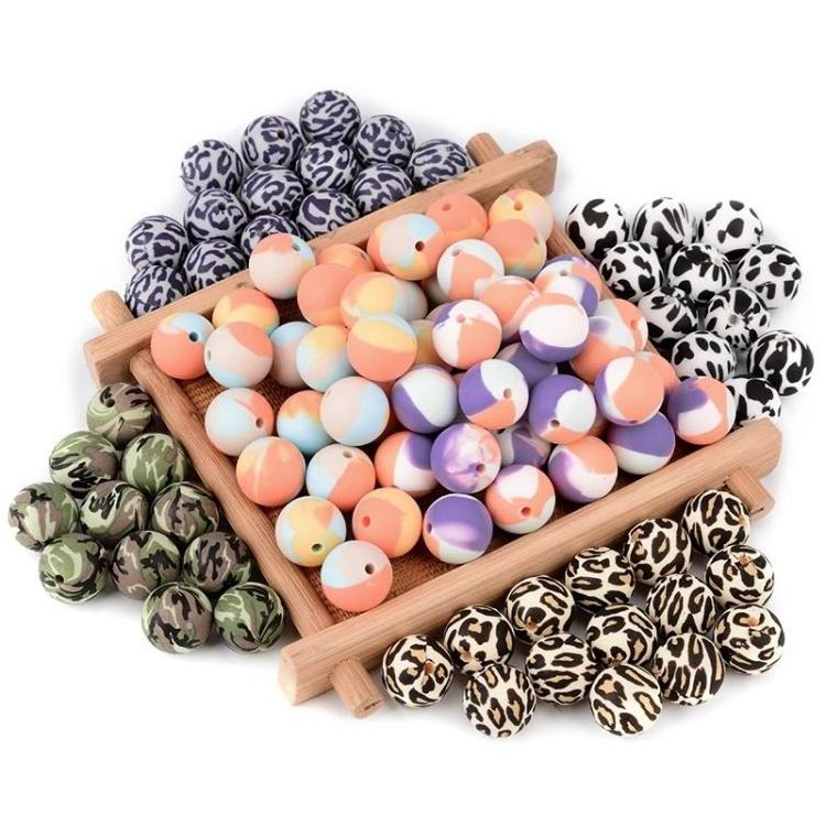 Custom Bpa Free 19Mm 12Mm 15Mm Food Grade Mixed Jewelry Bracelet Print Leopard Baby Chew Teether Round Silicone Beads