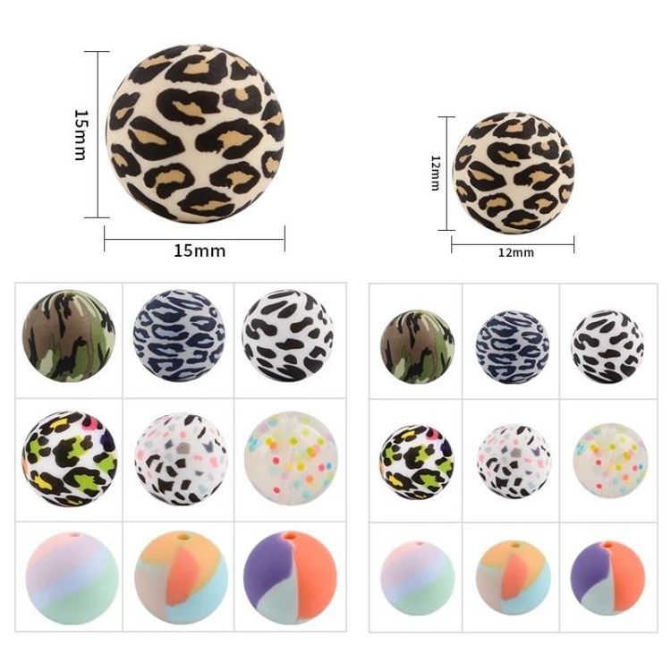 Custom Bpa Free 19Mm 12Mm 15Mm Food Grade Mixed Jewelry Bracelet Print Leopard Baby Chew Teether Round Silicone Beads