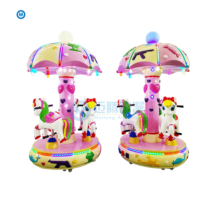 MAITENG 3seats Fiberglass Mushroom Umbrella Merry Go Round Rides Horse Carousel