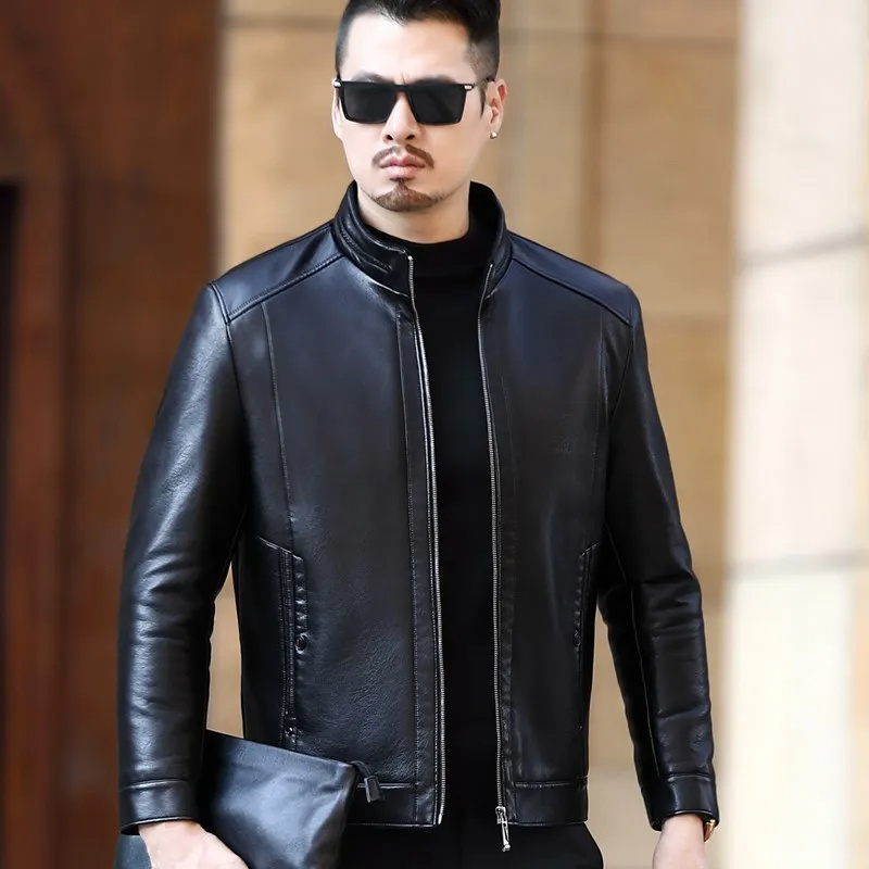 Soft  leather jacket winter vintage motorcycle wash men's lapel European and American men's PU jacket leather jacket with plush