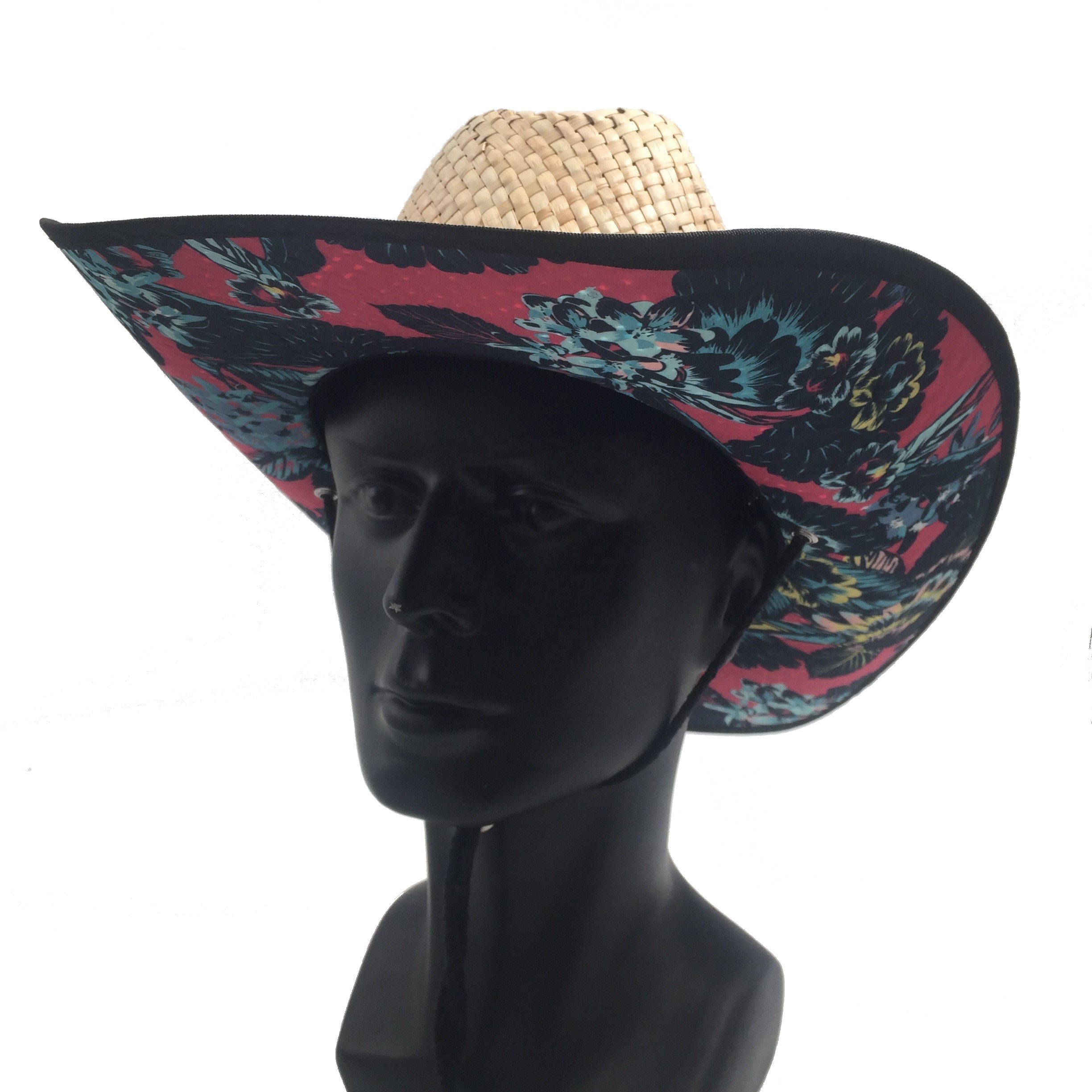 Custom sublimated under brim printing embroidered hand made wide brim roll-up straw sun hat for men