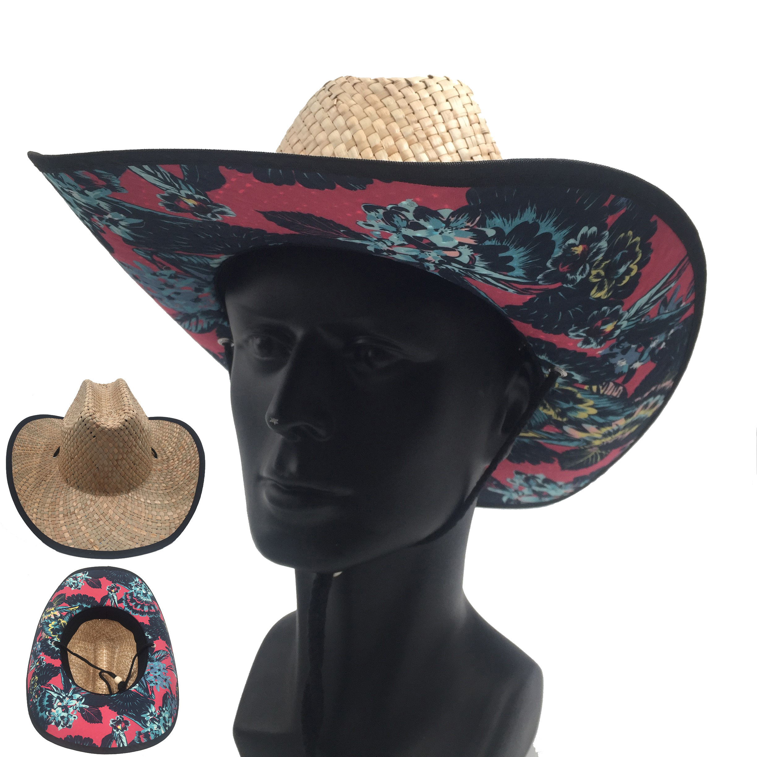 Custom sublimated under brim printing embroidered hand made wide brim roll-up straw sun hat for men