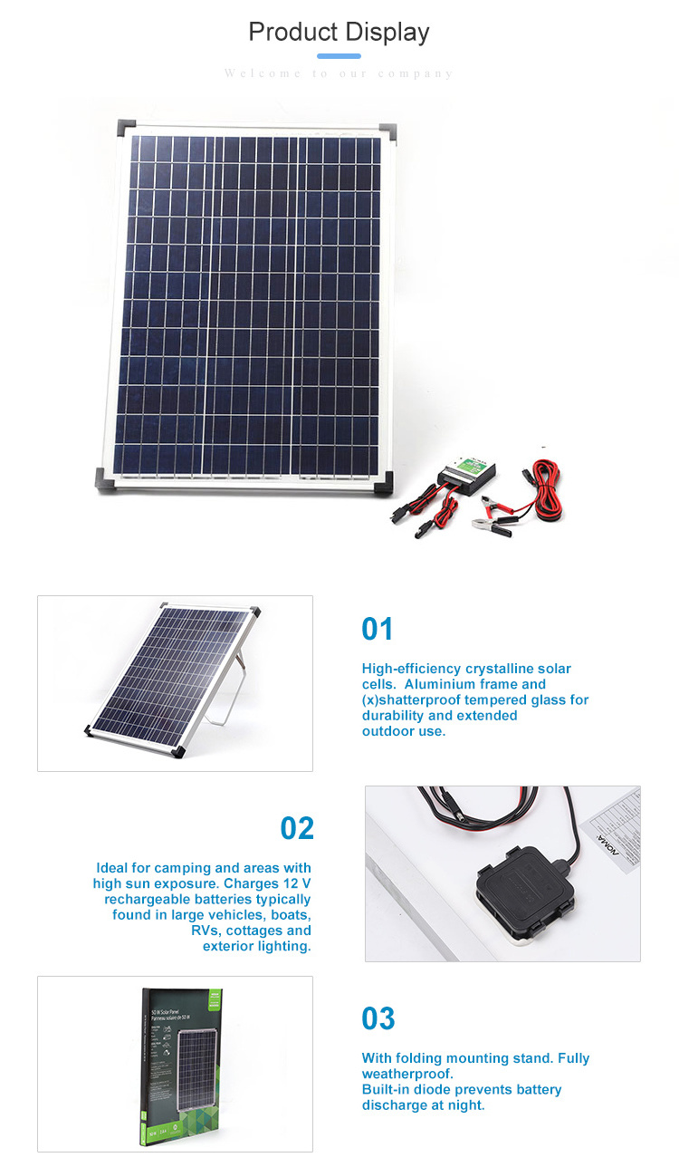 Polycrystalline Solar Panel  50W Portable Power Solar Panel Battery Charger House Roof Use