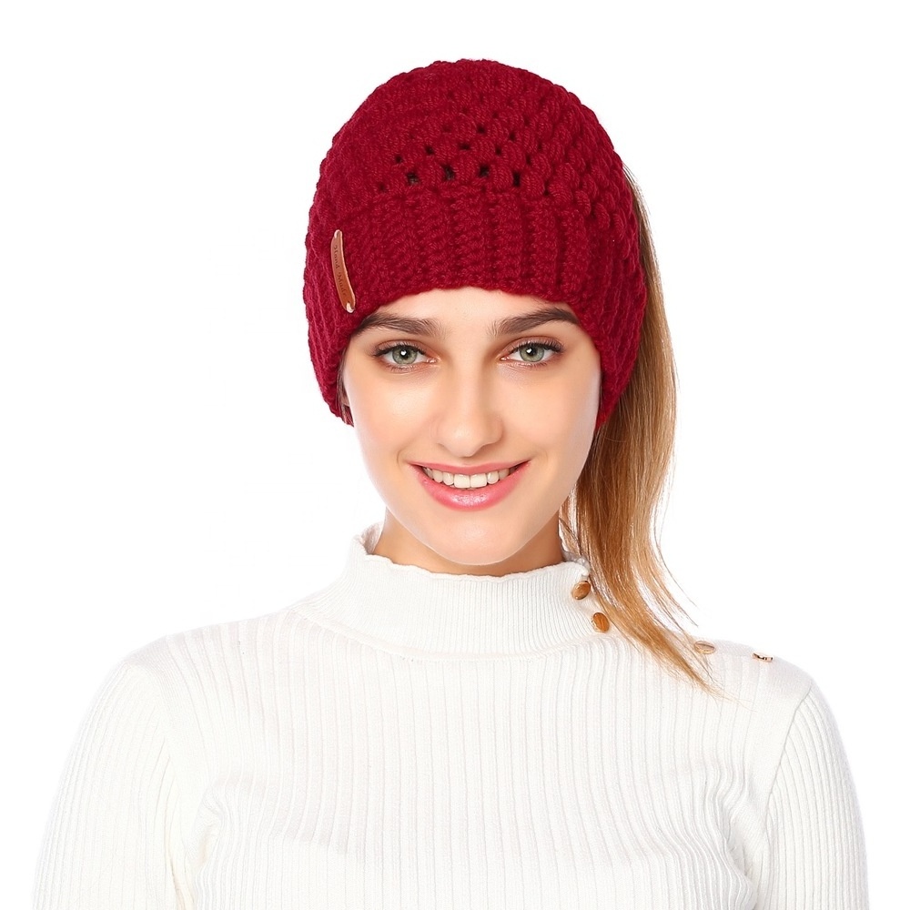 Fashion Woolen Yarn Open Top Custom Knitted Ponytail Hats Beanie