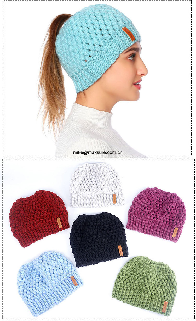 Fashion Woolen Yarn Open Top Custom Knitted Ponytail Hats Beanie