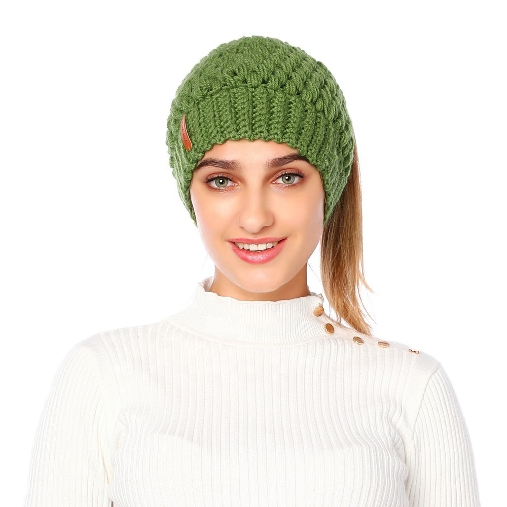 Fashion Woolen Yarn Open Top Custom Knitted Ponytail Hats Beanie