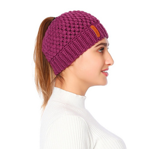 Fashion Woolen Yarn Open Top Custom Knitted Ponytail Hats Beanie