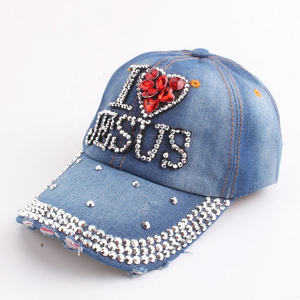 Hot Selling 100 % Cotton Rhinestone Love Jesus Denim Fabric Baseball Cap