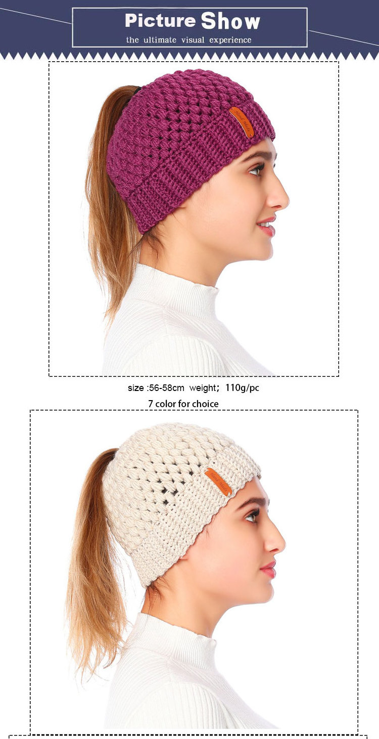 Fashion Woolen Yarn Open Top Custom Knitted Ponytail Hats Beanie