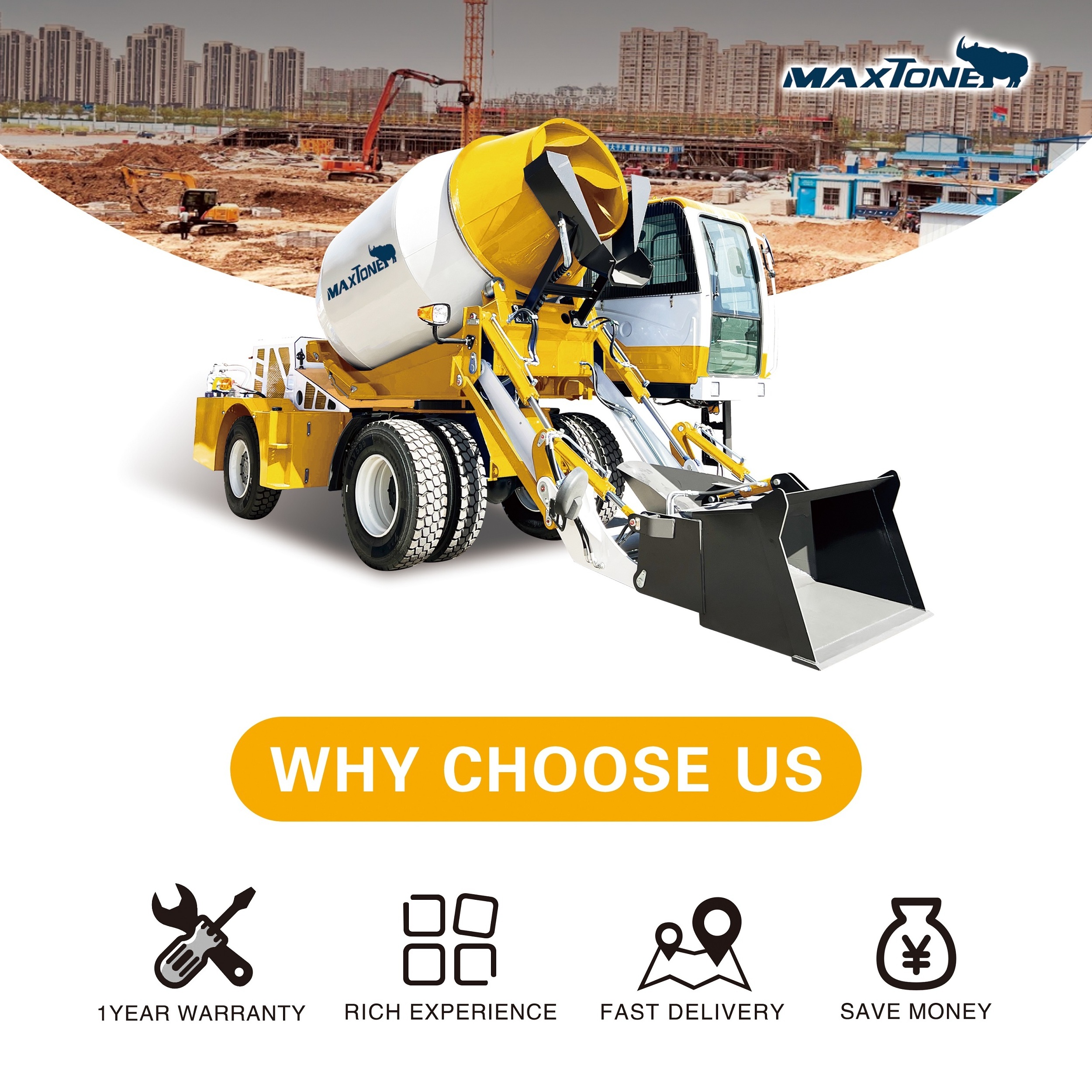 Maxtone 1.5m3 4cbm self loading small mobile concrete mixer machine, self-loading concrete mixer truck