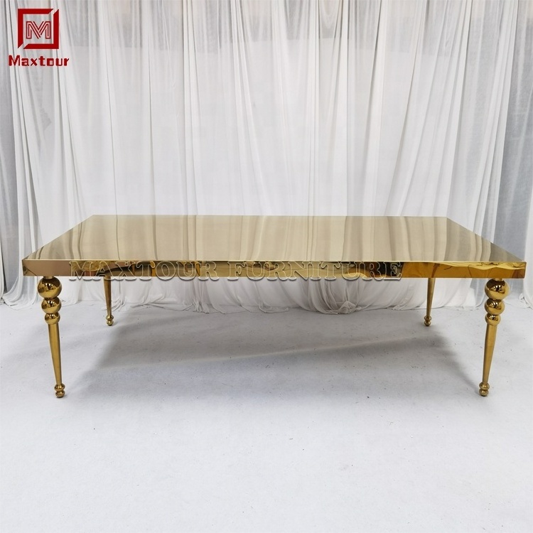 Luxury all mirror gold stainless steel long rectangle love wedding decoration dining table