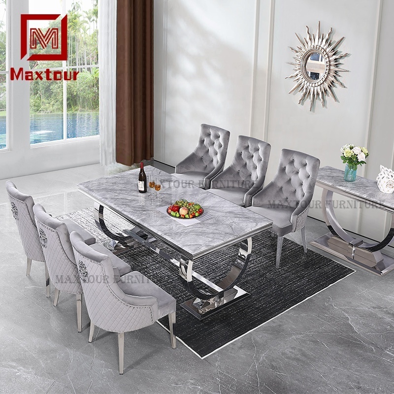 Living room furniture modern Arianna marble dining table set 6 seater luxury bright stainless steel dinning tables