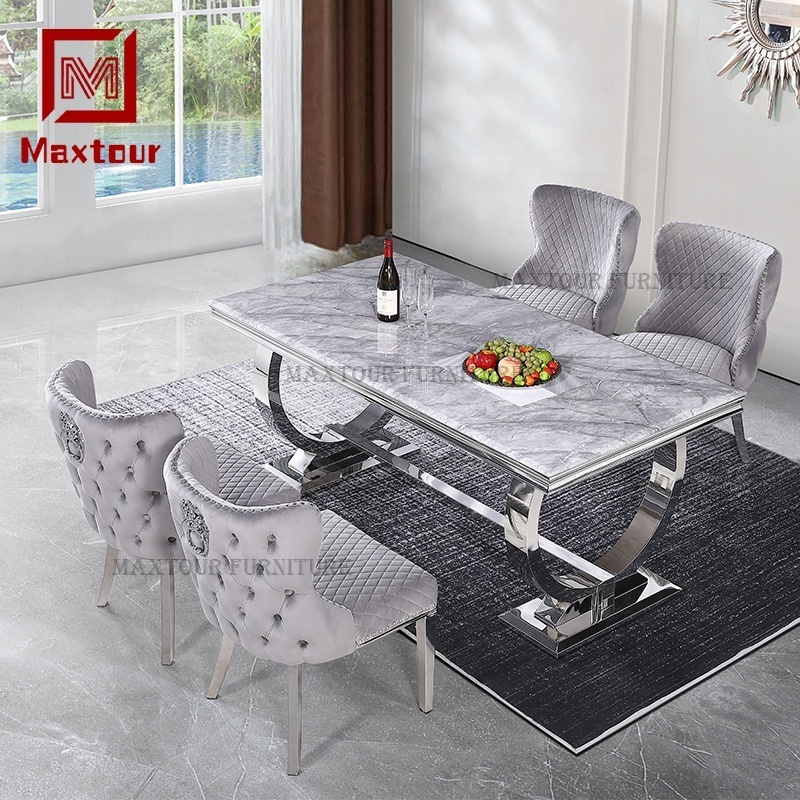 Living room furniture modern Arianna marble dining table set 6 seater luxury bright stainless steel dinning tables