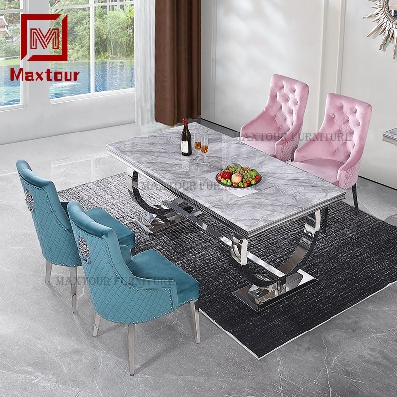 Living room furniture modern Arianna marble dining table set 6 seater luxury bright stainless steel dinning tables