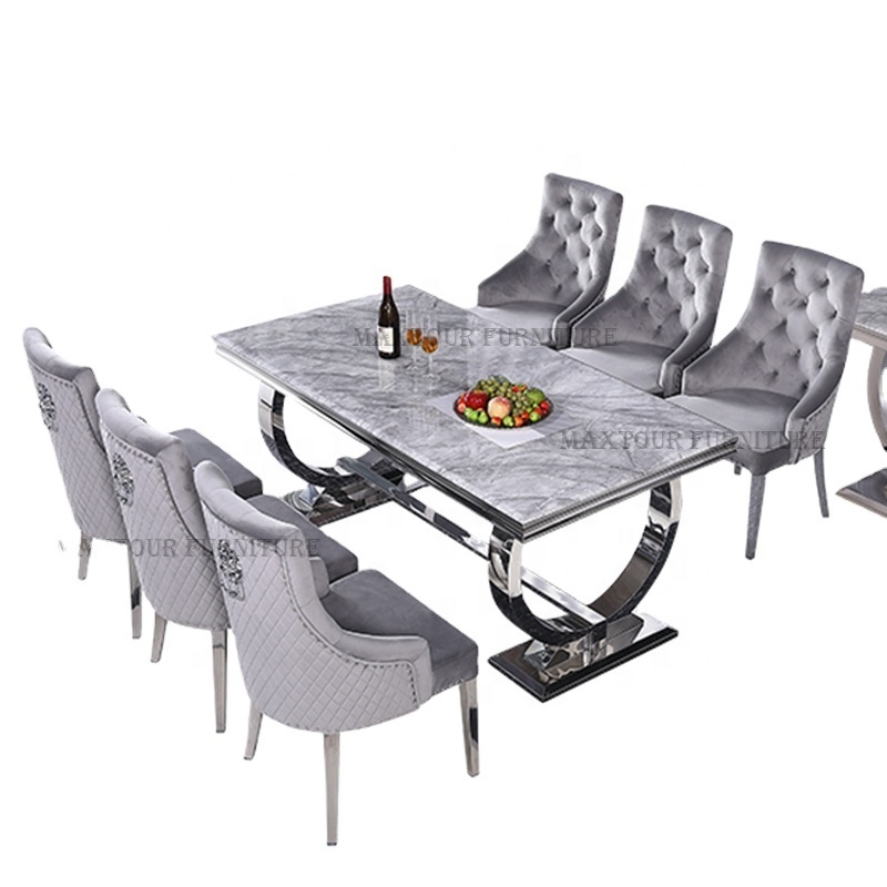 Living room furniture modern Arianna marble dining table set 6 seater luxury bright stainless steel dinning tables