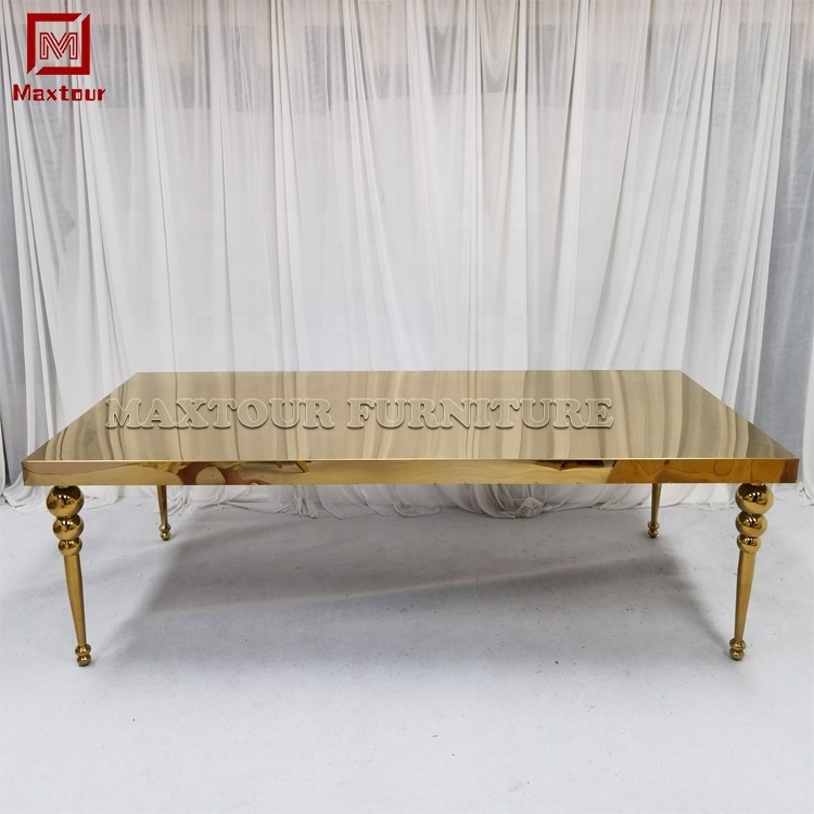 Luxury all mirror gold stainless steel long rectangle love wedding decoration dining table