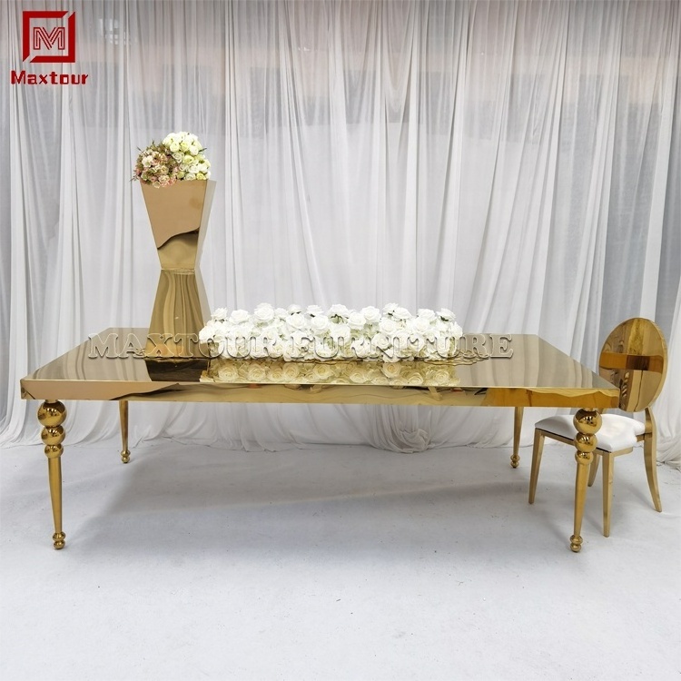 Luxury all mirror gold stainless steel long rectangle love wedding decoration dining table