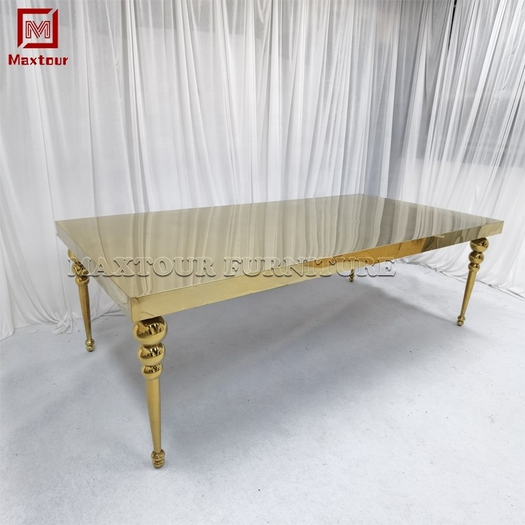 Luxury all mirror gold stainless steel long rectangle love wedding decoration dining table