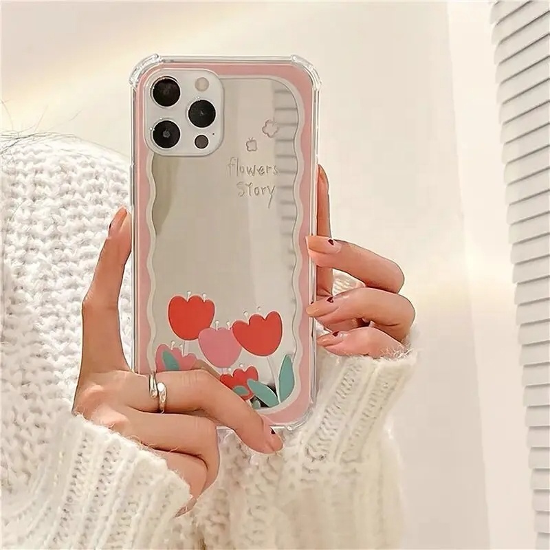 MAXUN Ins Cute Pink Flowers Wave Pattern Makeup Mirror Phone Case For IPhone 15 14 13 12 11 Pro Max X XS XR 7 8 Plus Back Cover