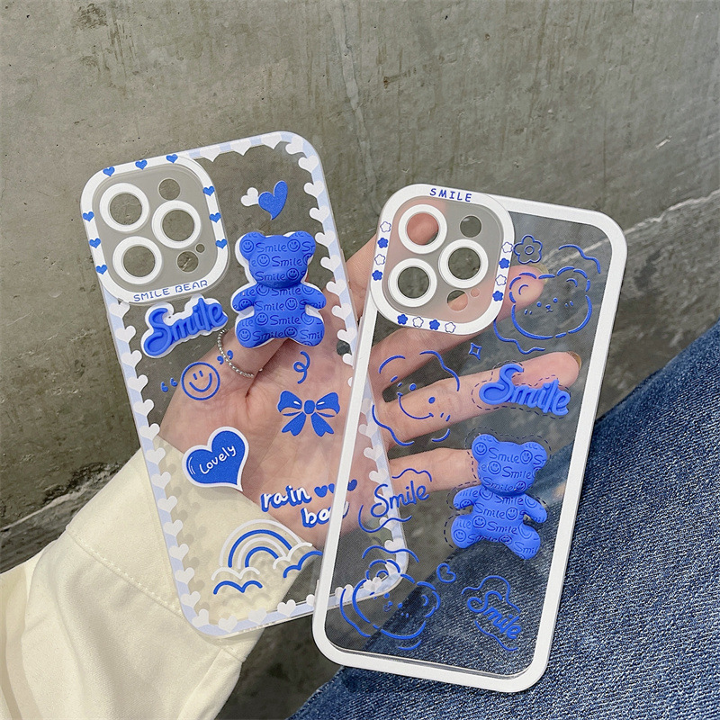 MAXUN Luxury Blue Bear Transparent 3D Bear Cell Phone Case For iPhone 13 12 11 XS XR MAX 7 8 Soft TPU Mobile Back Cover