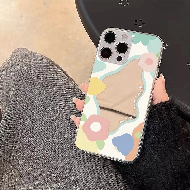 MAXUN Ins Cute Pink Flowers Wave Pattern Makeup Mirror Phone Case For IPhone 15 14 13 12 11 Pro Max X XS XR 7 8 Plus Back Cover