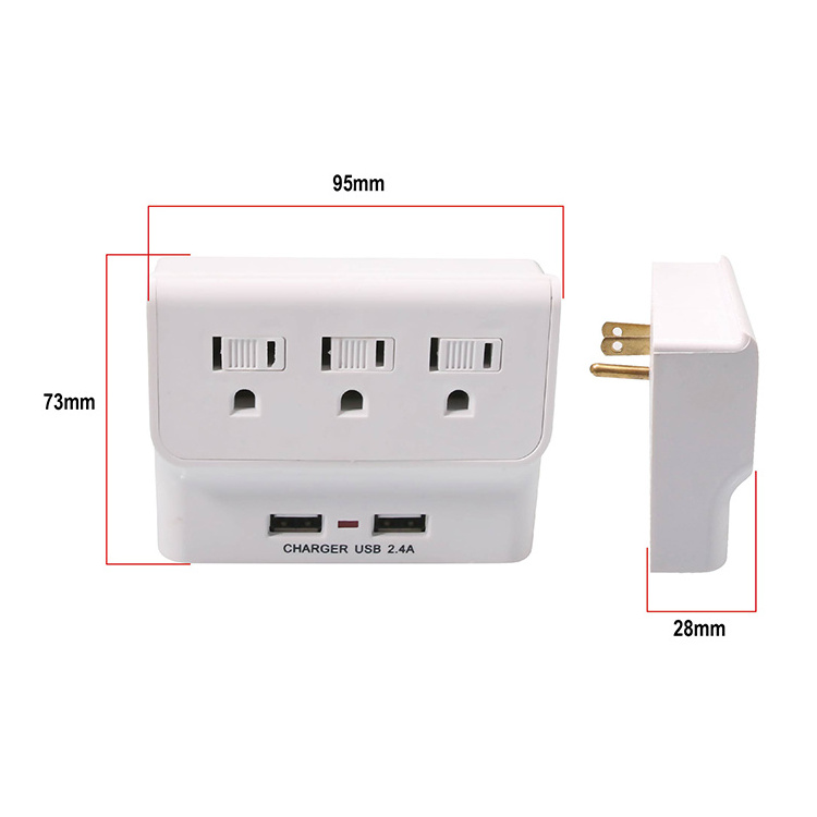 Power socket with 2 USB ports, secure multi socket plug, and wire socket without night light