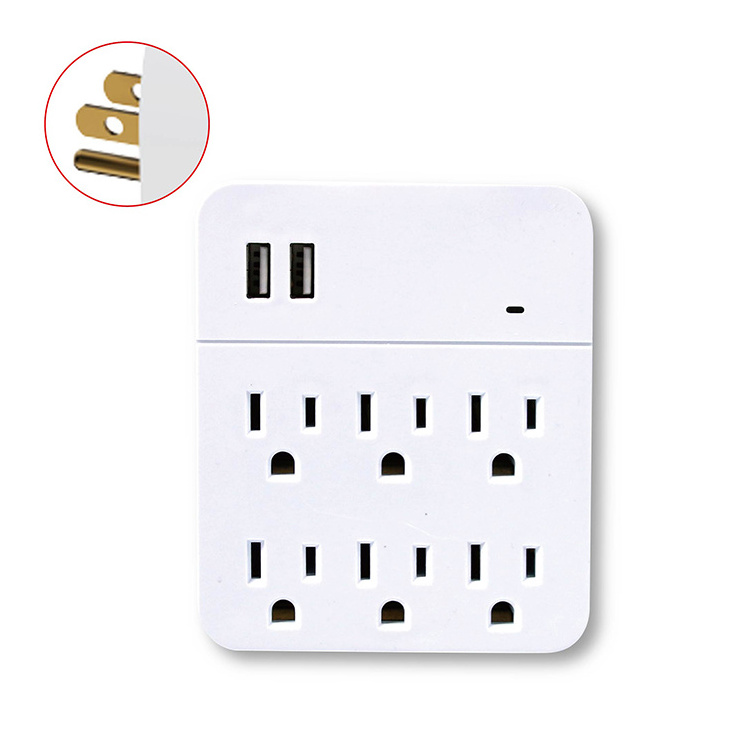 American wall charger surge protector multi socket wall mounted adapter with 6 sockets and 2 USB charging ports