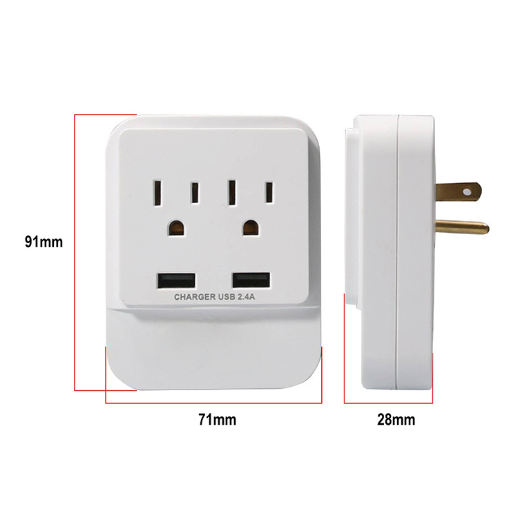 100-250V 2 USB 2.4A US Plug Outlet Extender Socket Wall Plug & Ground Plug Wall Charger 2 Electrical Outlet Splitter