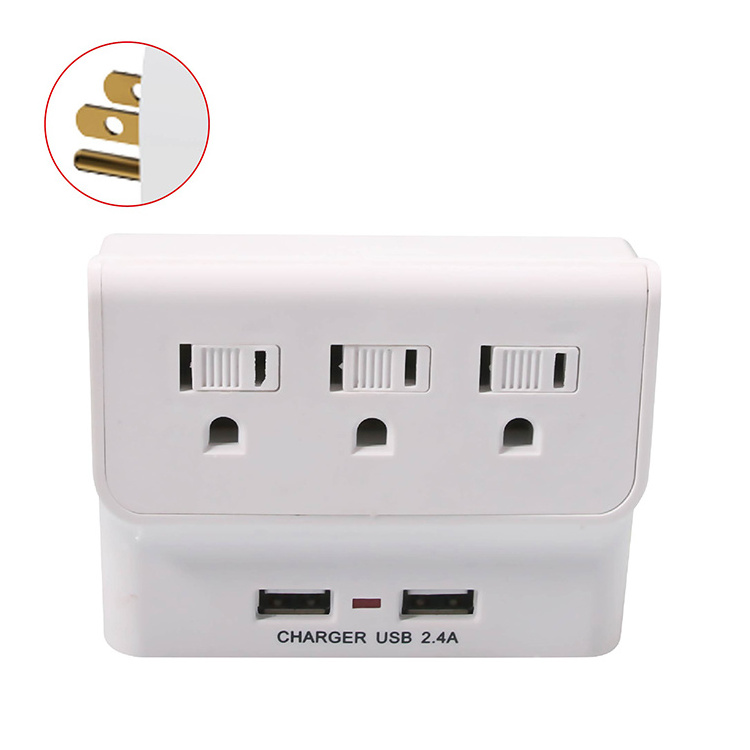 Power socket with 2 USB ports, secure multi socket plug, and wire socket without night light