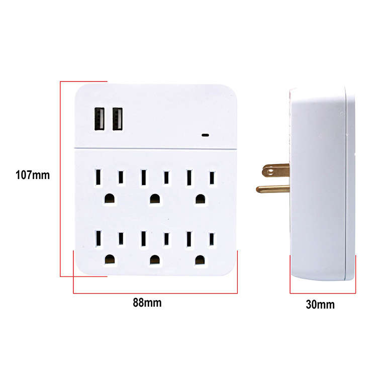 American wall charger surge protector multi socket wall mounted adapter with 6 sockets and 2 USB charging ports