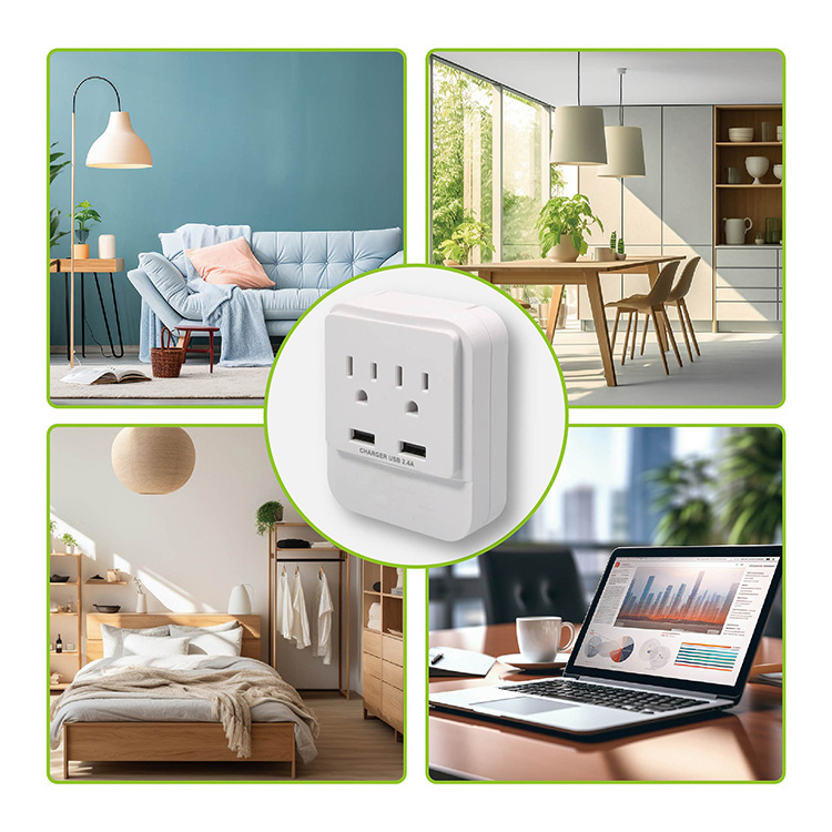 100-250V 2 USB 2.4A US Plug Outlet Extender Socket Wall Plug & Ground Plug Wall Charger 2 Electrical Outlet Splitter