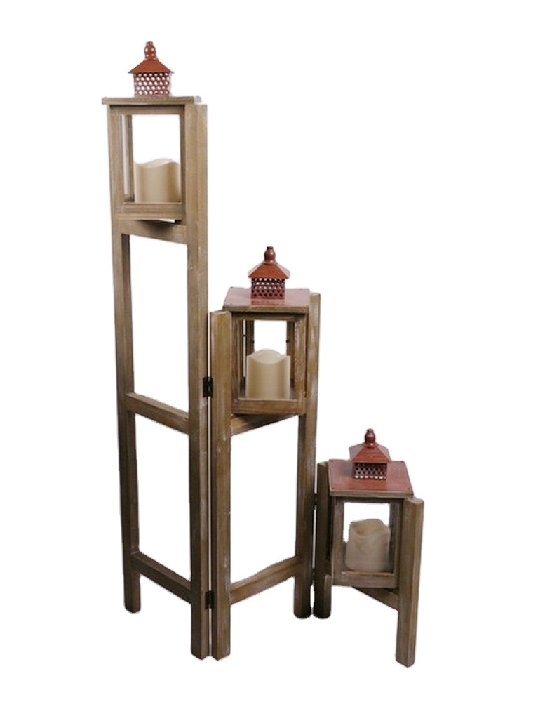 Customized wooden lantern for floor stand tall candle holder with LED candle