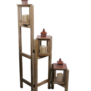 Customized wooden lantern for floor stand tall candle holder with LED candle