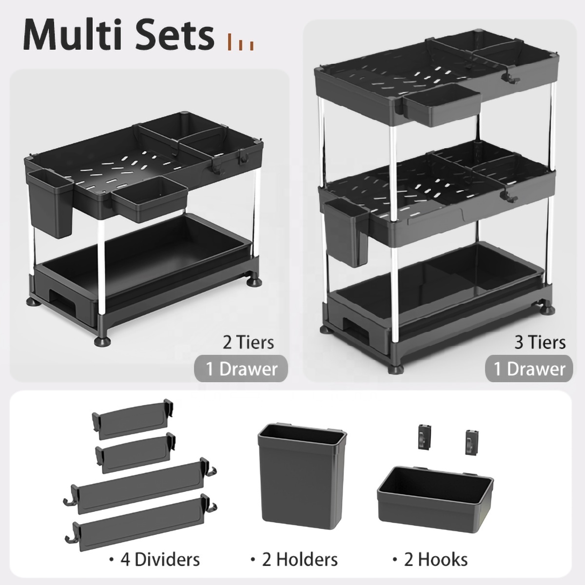 New design Plastic Under Sink Organizers Bathroom Rack Organizer 2 Tier Black Storage Racks Shelving Units for Kitchen