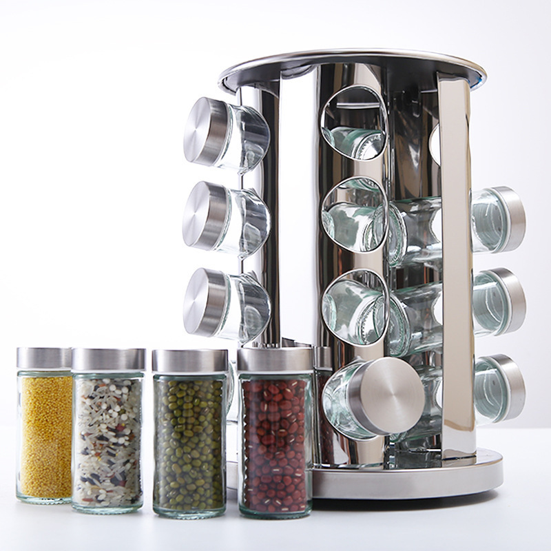 Kitchen Accessories 304 Stainless Steel Organizer Spice Bottle Rack 360 Rotating Spice Rack 8/12/16/20 Glass Spice Jar Rack