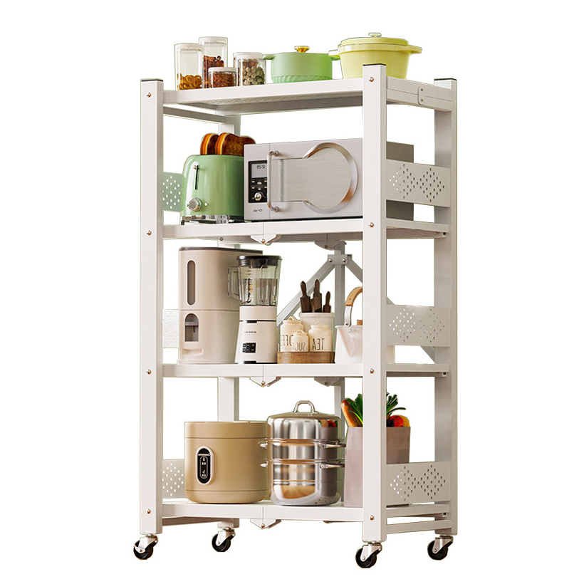 4 Layers Foldable Stainless Steel Kitchen Storage Rack Multi-layer Folding Storage Shelf with Wheel