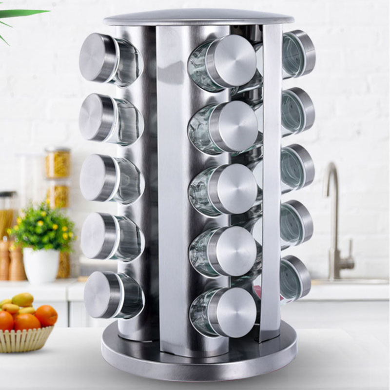 Kitchen Accessories 304 Stainless Steel Organizer Spice Bottle Rack 360 Rotating Spice Rack 8/12/16/20 Glass Spice Jar Rack