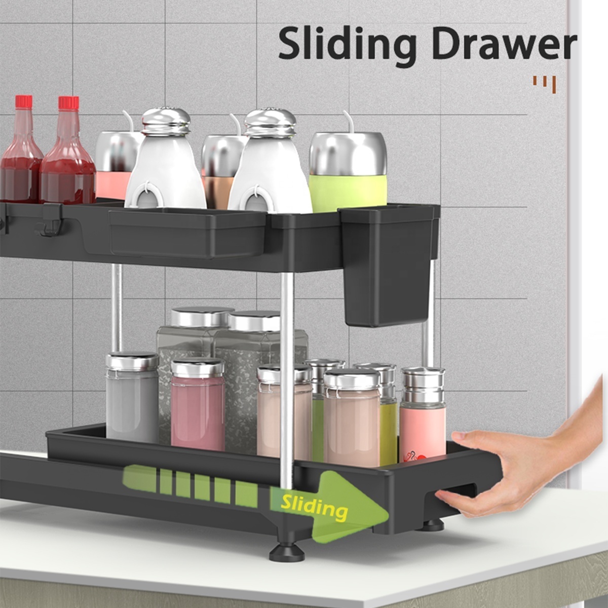 Adjustable Under Sink Organizer Pull Out Bathroom Cabinet Storage Rack 2 Tier Plastic Under Kitchen Sink Organizer