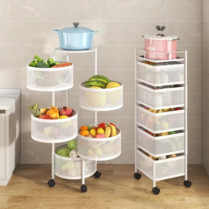 5 tiers Kitchen Shelf Floor Rotating Vegetable And Fruit Storage Rack Household Multi-layer Fruit Basket With Wheels