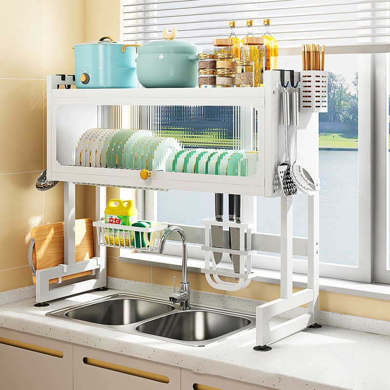 High Quality Multifunctional Stainless Steel Kitchen Plate Expandable Over The Sink Dish Drainer Drying Rack with Cover