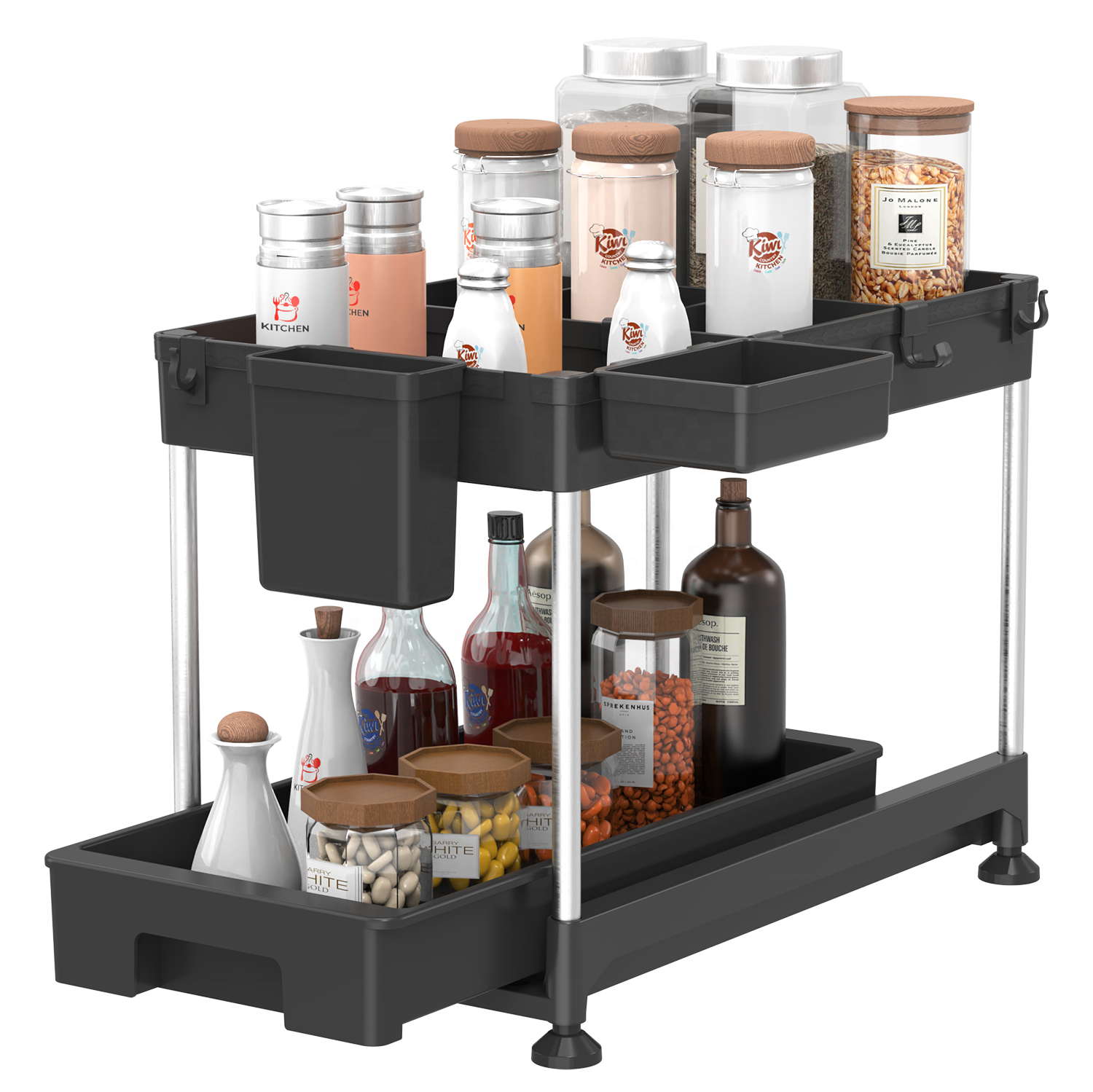 Adjustable Under Sink Organizer Pull Out Bathroom Cabinet Storage Rack 2 Tier Plastic Under Kitchen Sink Organizer