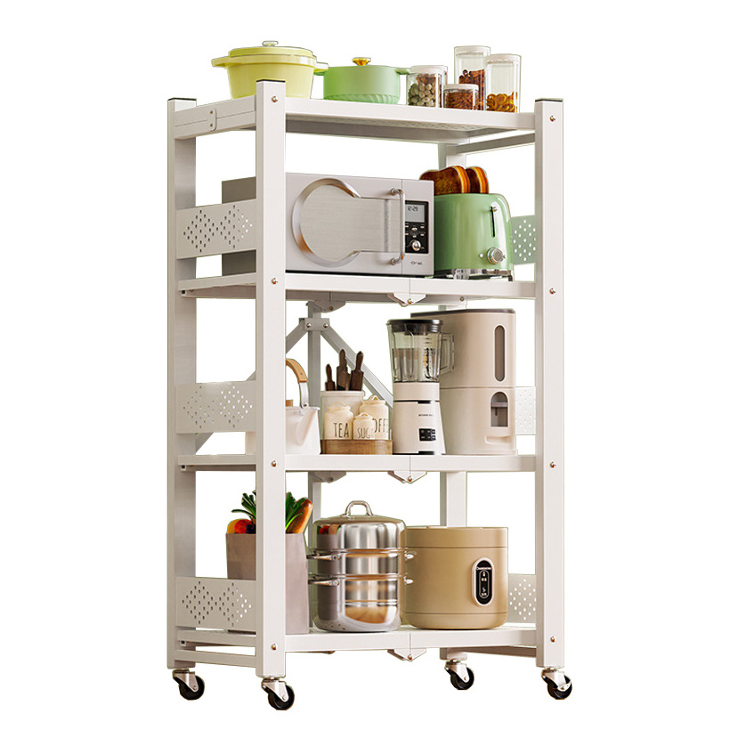 4 Layers Foldable Stainless Steel Kitchen Storage Rack Multi-layer Folding Storage Shelf with Wheel