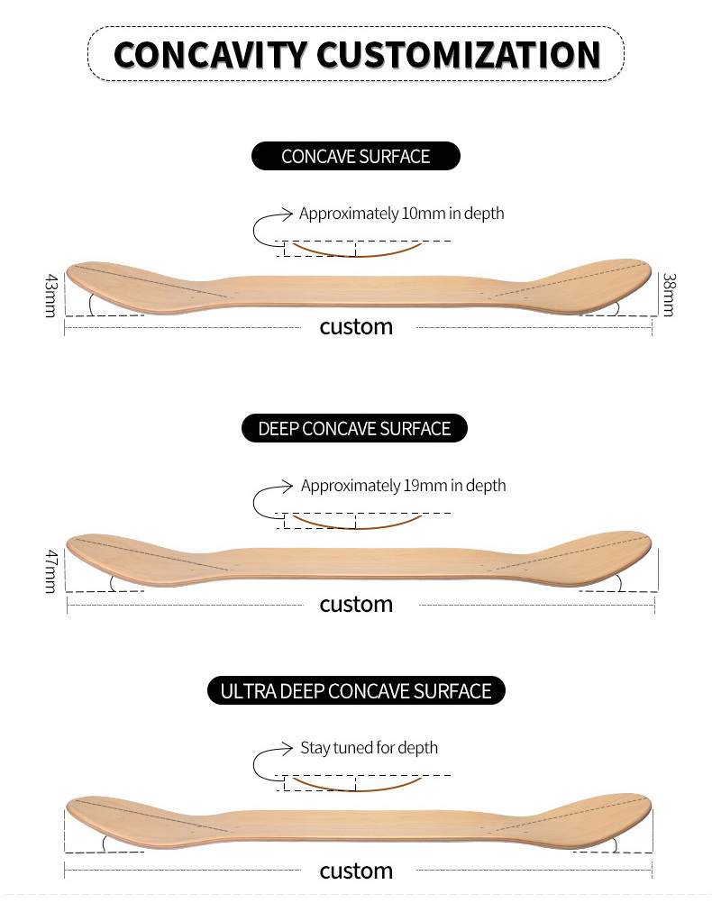 Custom oem skateboard 7 layers Deep concave plain wood maple skate board 8 8.0 8.25 8.5 blank skateboard deck