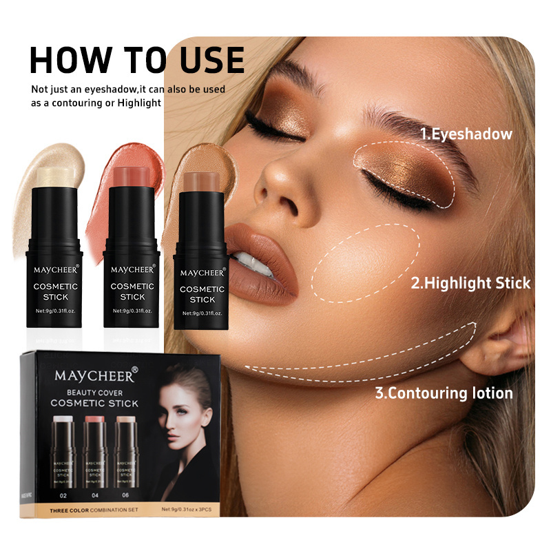 Maycheer New Style 3 Colors Set Blush Stick Highlight Makeup Cream Blusher Contour Face Blush Stick